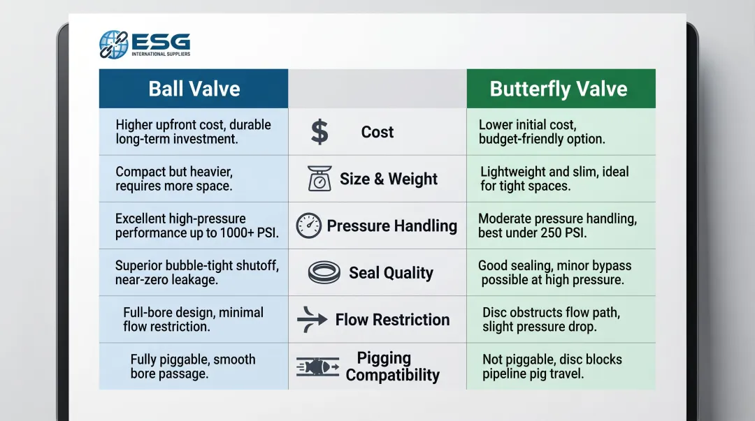 Ball valve versus butterfly valve six-criteria side-by-side comparison infographic