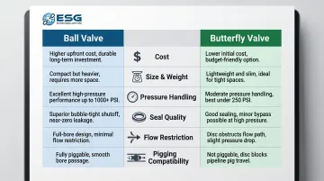 Ball valve versus butterfly valve six-criteria side-by-side comparison infographic