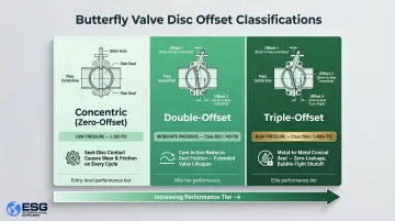 Three butterfly valve disc offset types concentric double triple offset comparison diagram