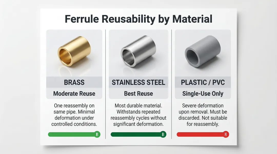 Compression fitting ferrule reusability comparison by material type infographic