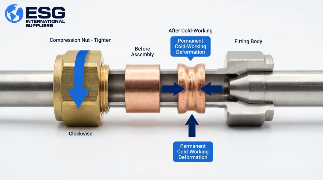 Three-component compression fitting sealing system assembly diagram