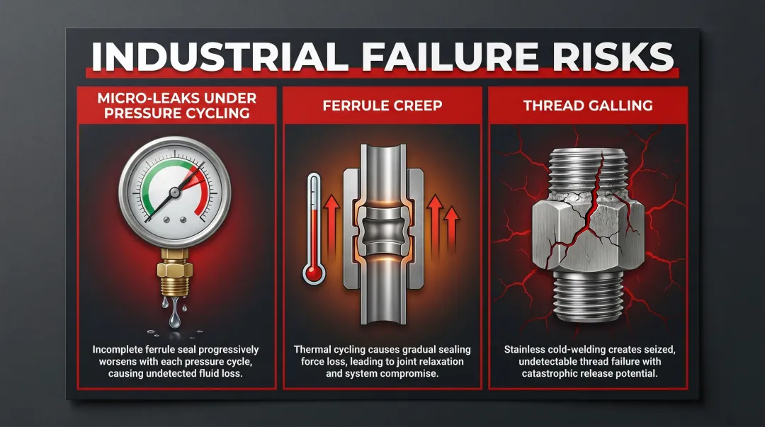 Three industrial compression fitting failure modes from improper reuse infographic