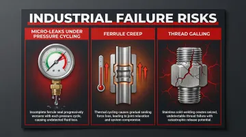 Three industrial compression fitting failure modes from improper reuse infographic