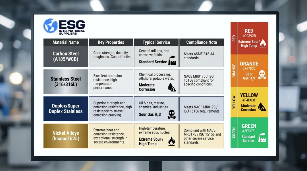 Oil and gas ball valve material selection guide by service condition comparison chart