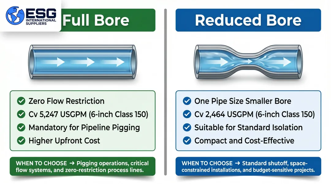 Full bore versus reduced bore ball valve Cv flow comparison side-by-side infographic