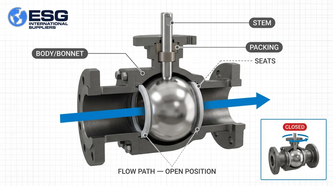 Ball valve five core components anatomy diagram with flow path illustration