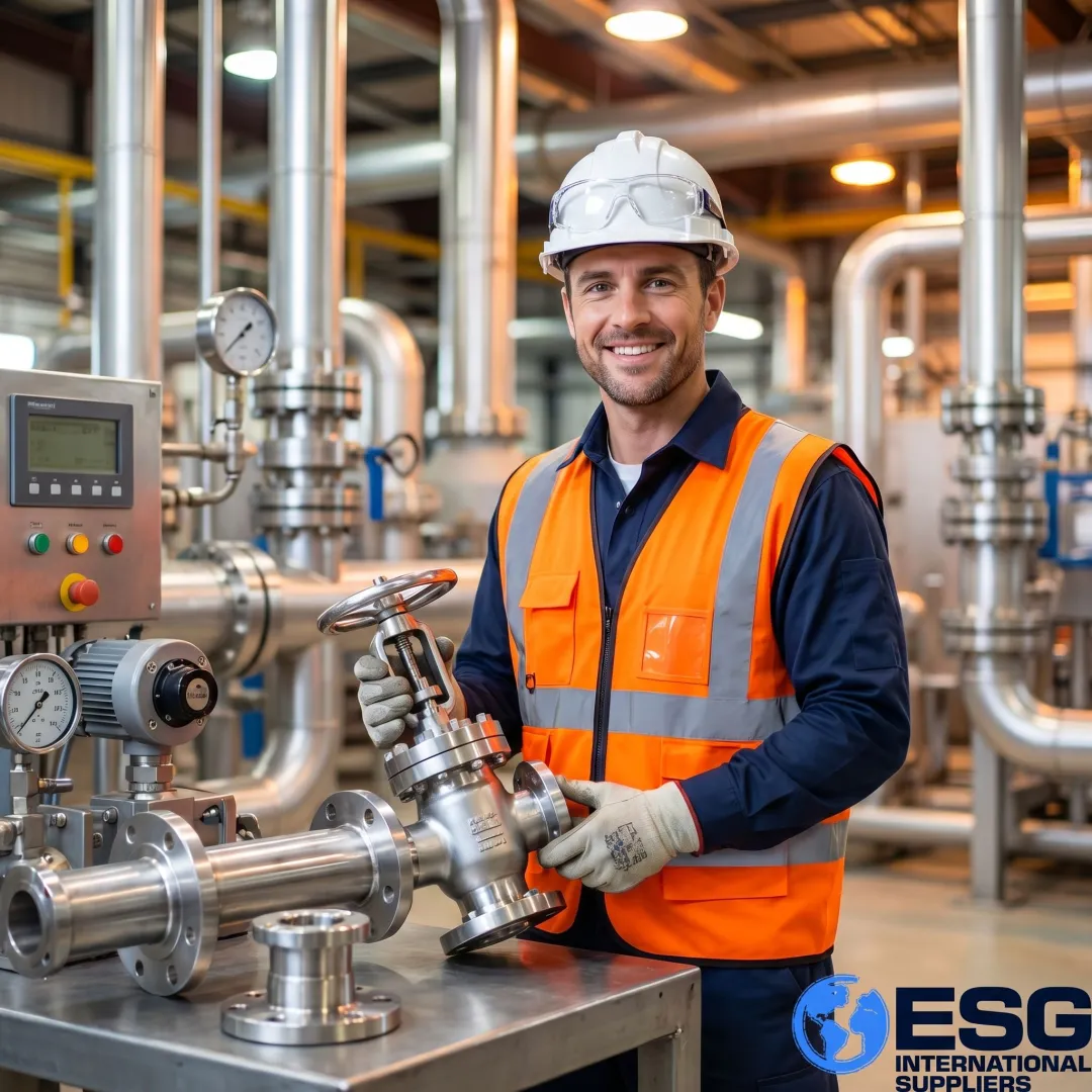 Technician inspecting refinery valve components