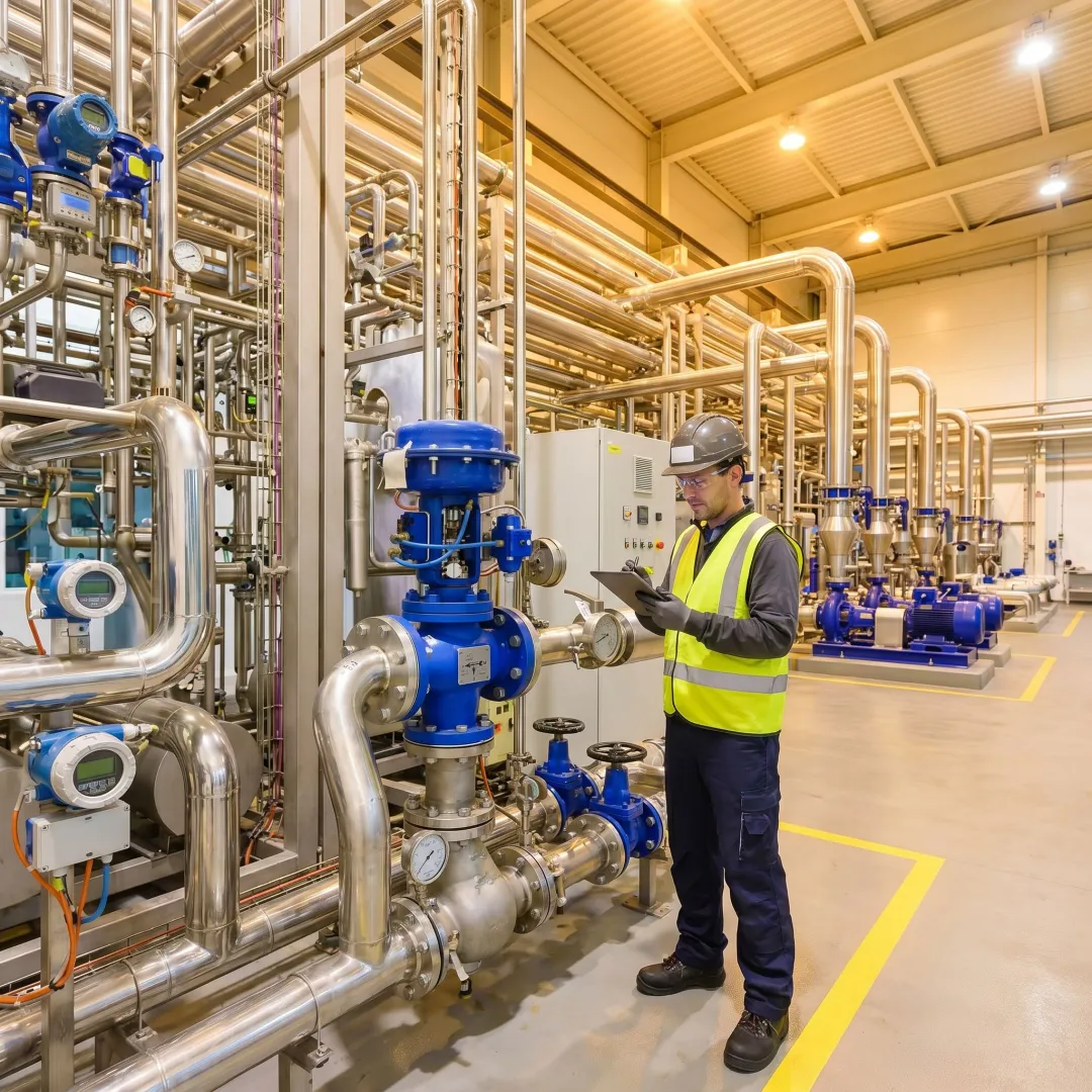 Technician reviewing flow measurement equipment in a power plant