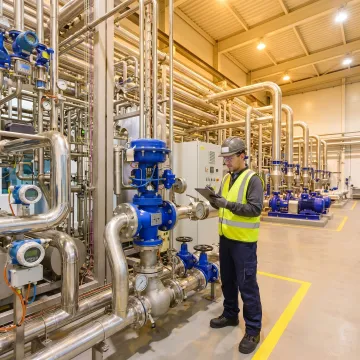 Technician reviewing flow measurement equipment in a power plant