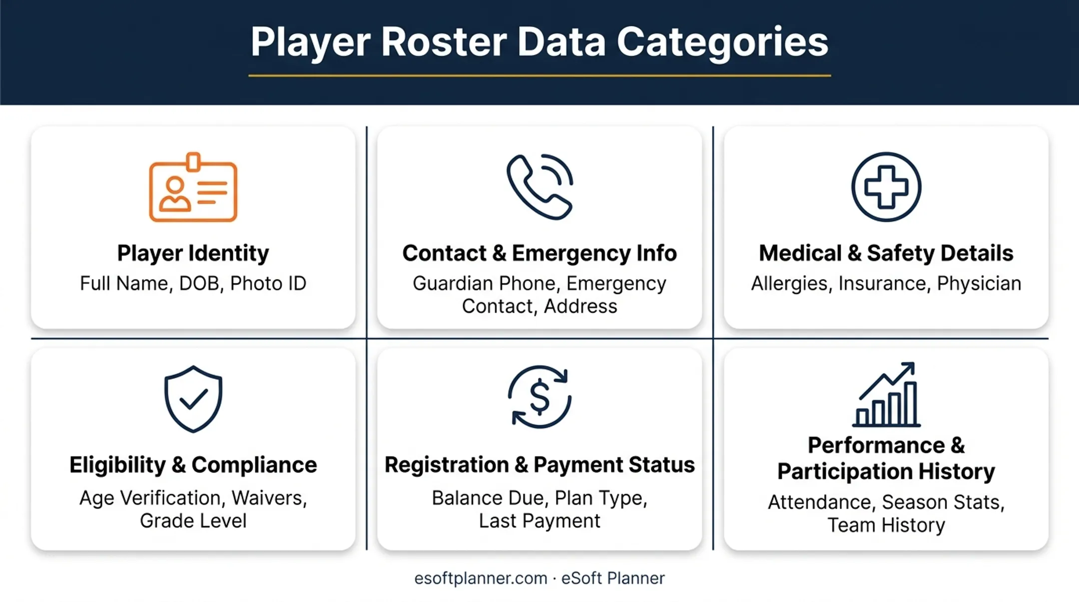 Six categories of essential youth sports player roster data