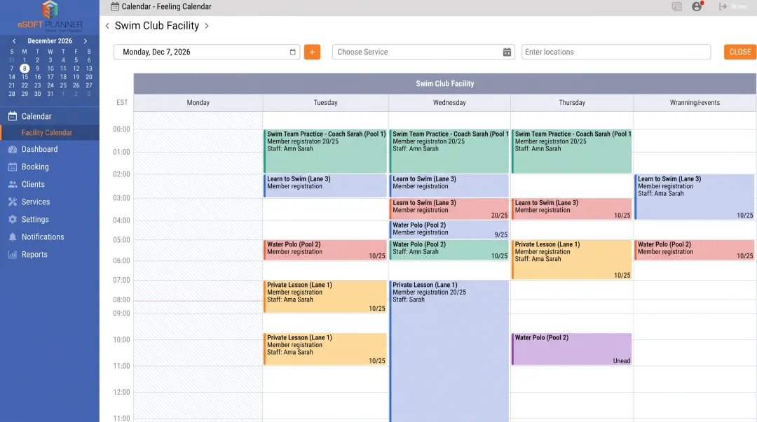 eSoft Planner scheduling dashboard showing class calendars and bookings