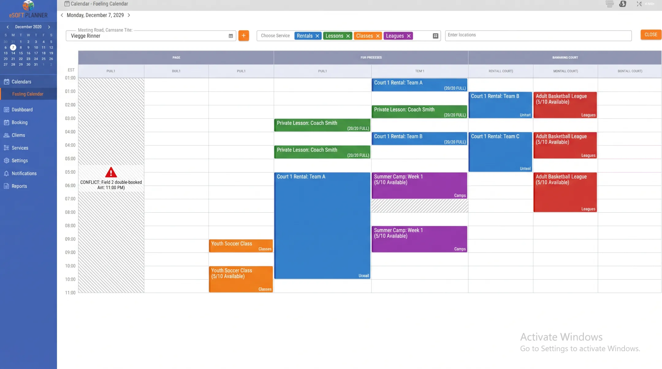 eSoft Planner shared calendar dashboard showing bookings and conflict prevention
