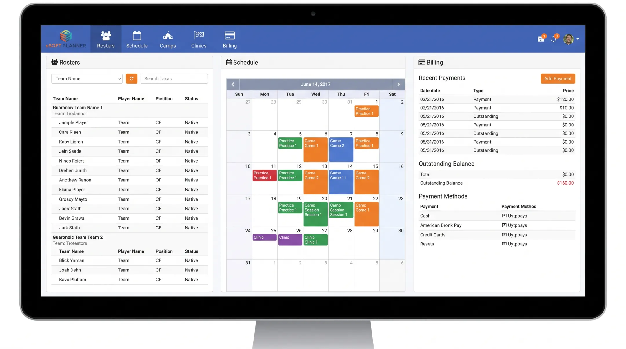 eSoft Planner dashboard showing team roster schedule and billing integration