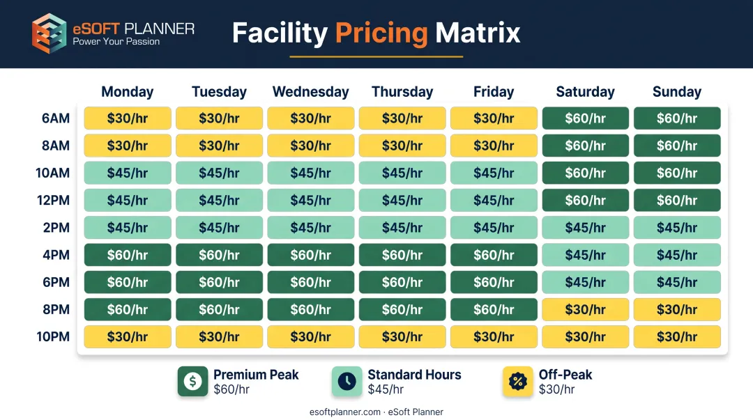 Dynamic pricing strategy matrix showing peak versus off-peak rates across different time slots