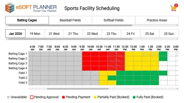 Modern facility management software dashboard displaying real-time cage and field booking schedule