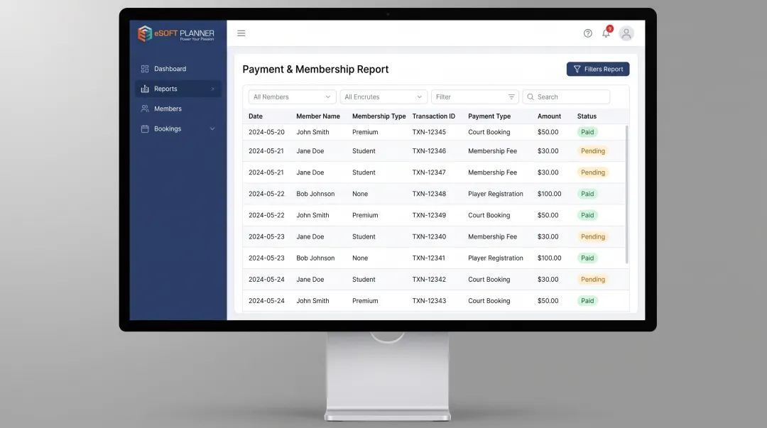 eSoft Planner dashboard showing real-time payment and registration data