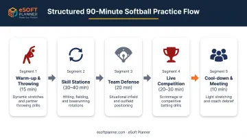 90-minute softball practice time allocation breakdown with five segment structure