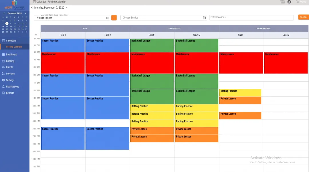Facility management dashboard showing real-time multi-space scheduling and availability