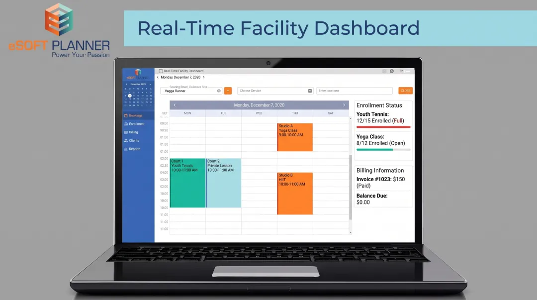 eSoft Planner scheduling dashboard showing court bookings and enrollment management