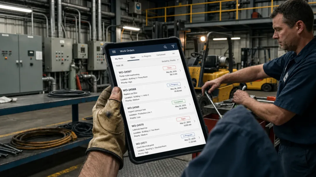Facility manager reviewing CMMS dashboard on tablet in industrial setting