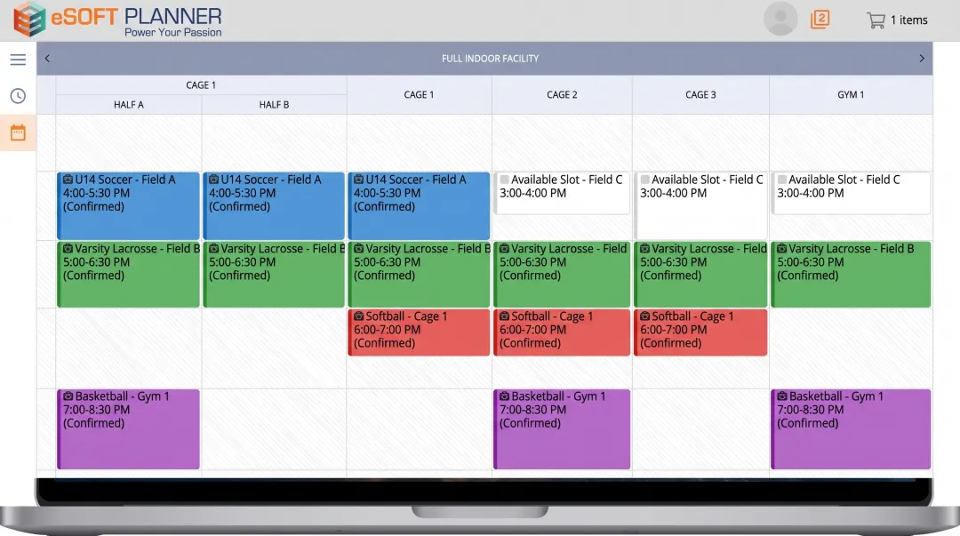 eSoft Planner scheduling dashboard showing field bookings and team calendars