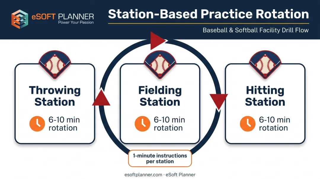 Baseball practice station rotation model with timed skill blocks
