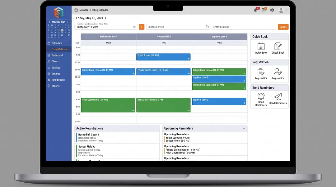 eSoft Planner scheduling dashboard showing facility court and program bookings