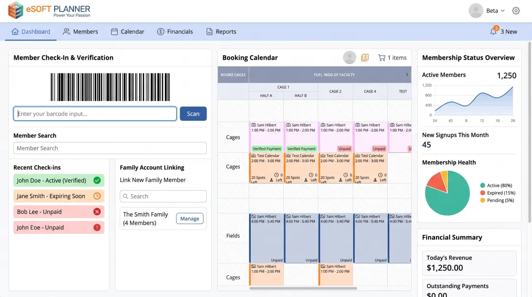 eSoft Planner dashboard showing membership verification and check-in features