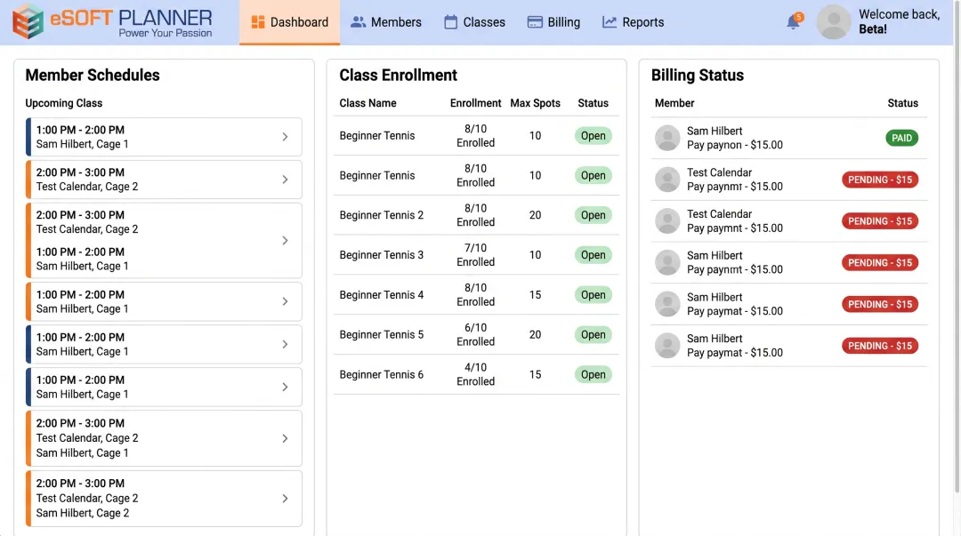 Club management software dashboard showing scheduling and billing integration