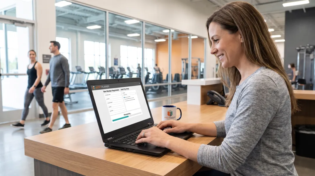 Club administrator using automated registration software on laptop