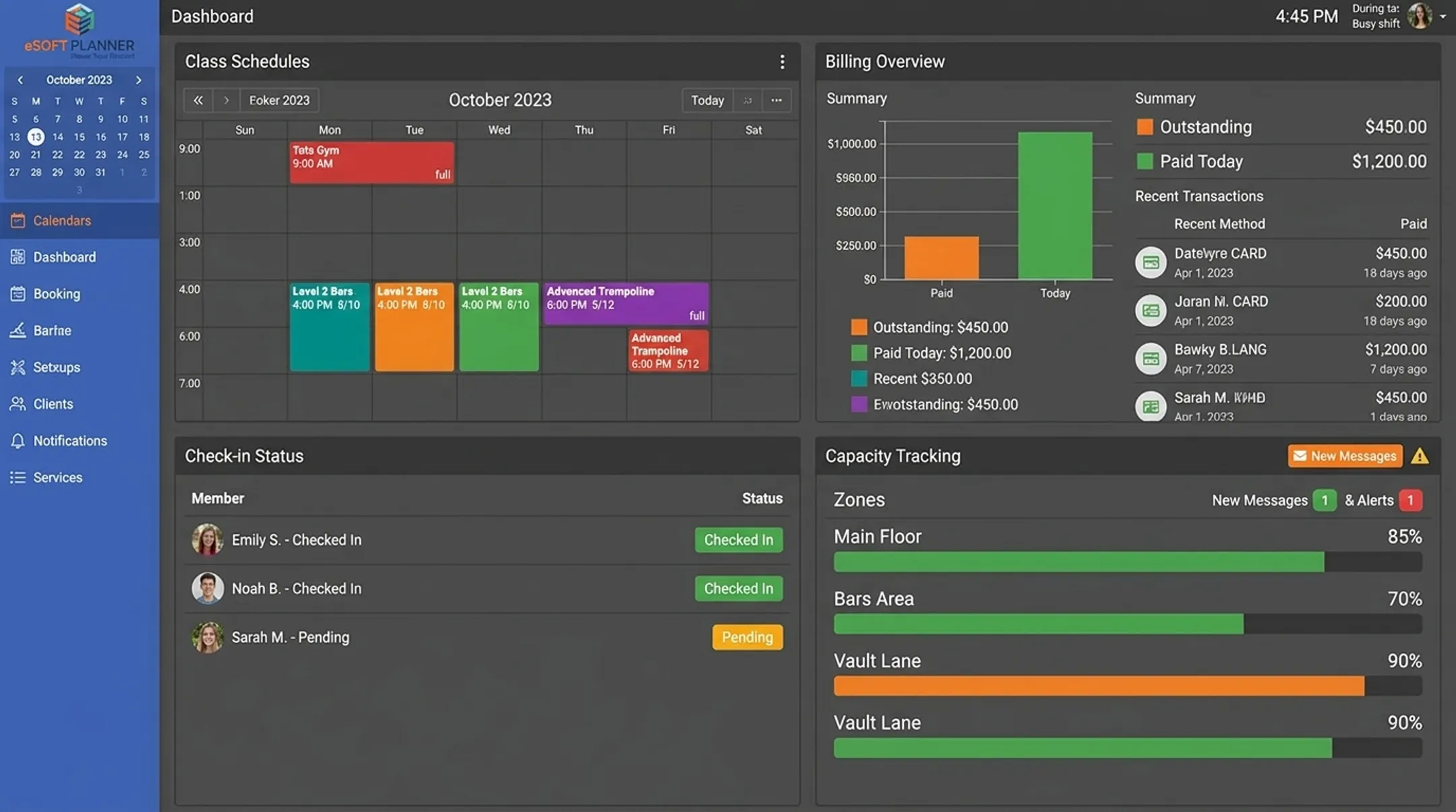 Gymnastics management dashboard showing schedules billing and check-ins
