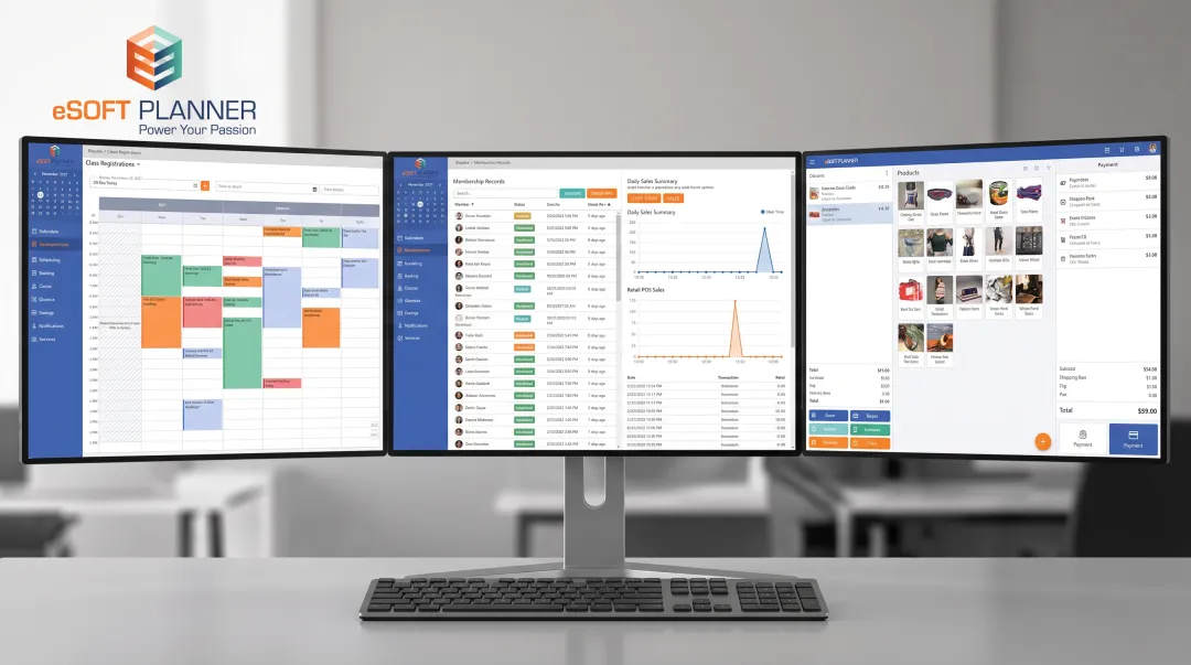 eSoft Planner unified dashboard showing POS registration and membership data