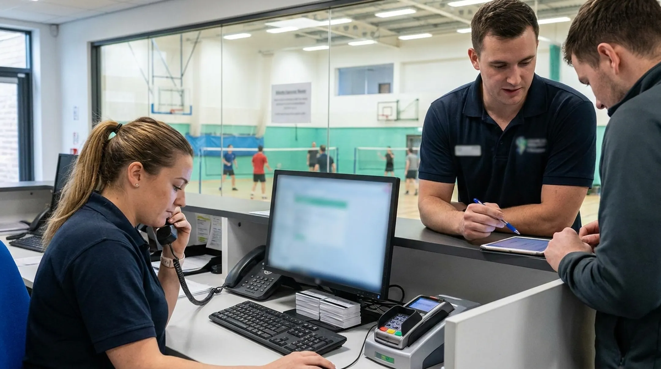 Sports facility staff using membership management software at front desk
