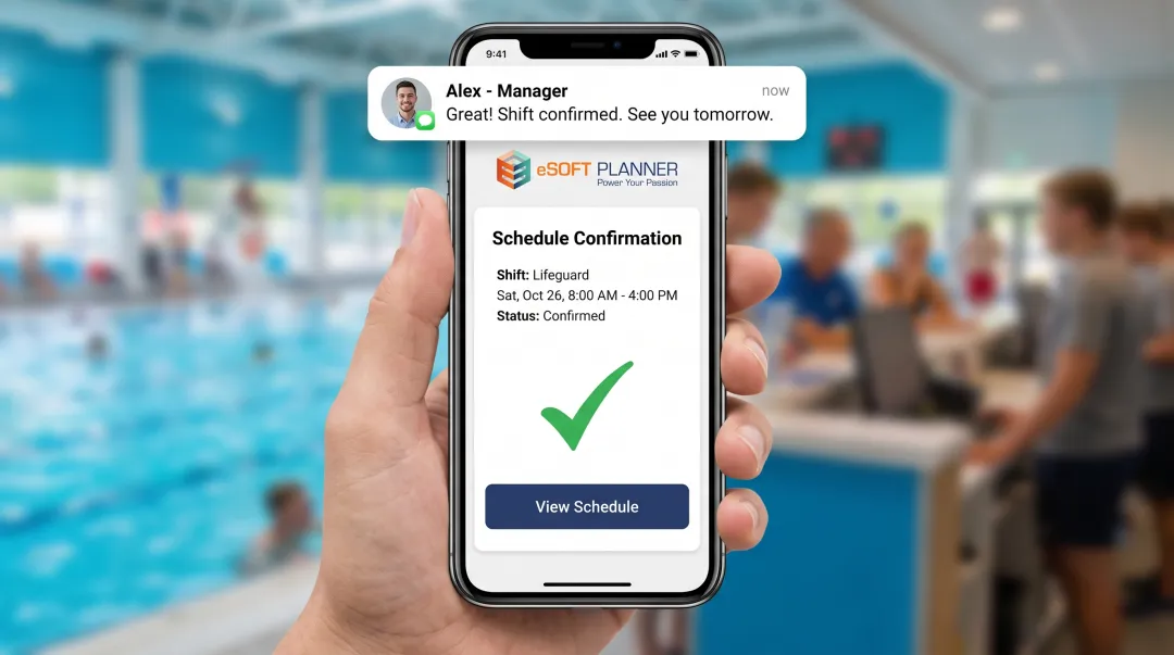 Mobile app interface showing shift scheduling and team chat notifications