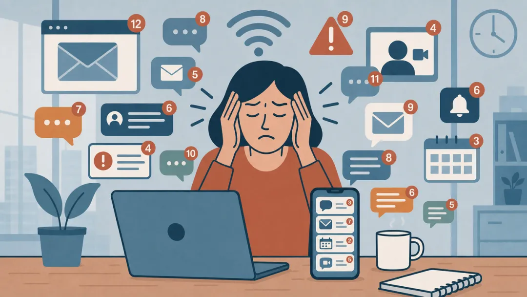 Business team overwhelmed by multiple messaging app notifications on devices