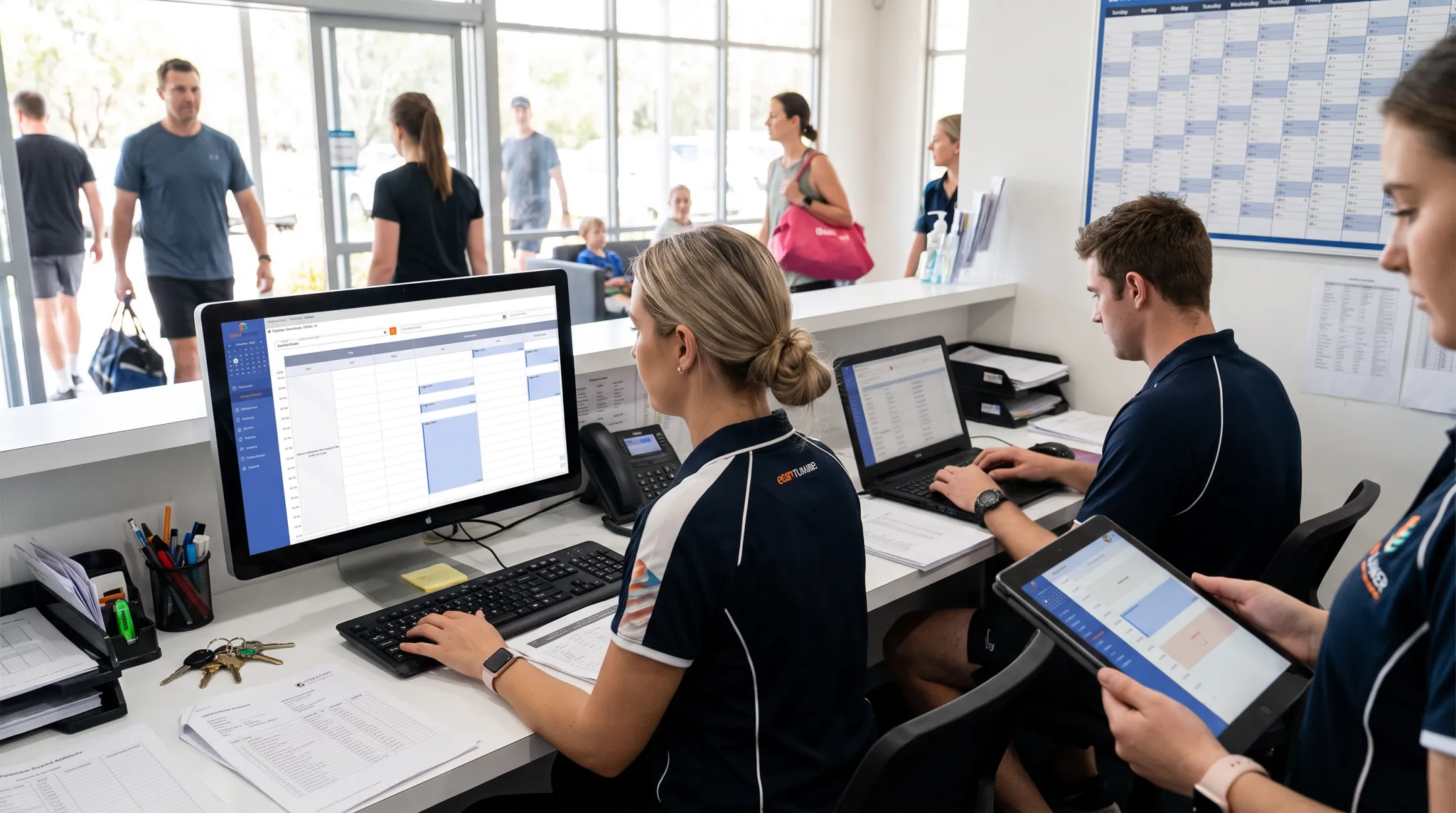 Sports facility staff using centralized scheduling and membership management tools