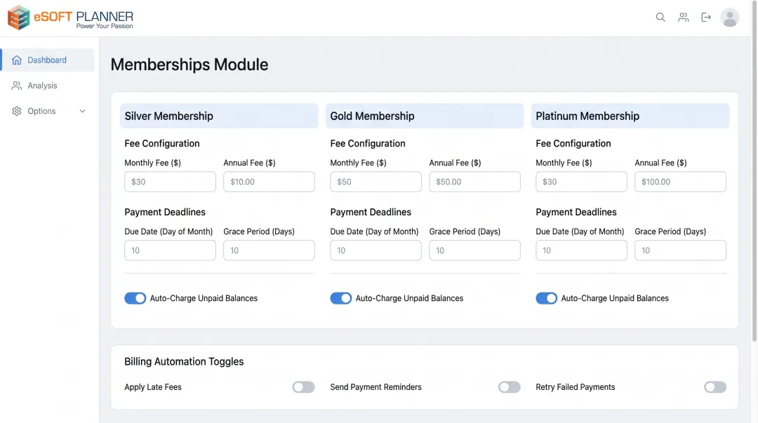 eSoft Planner memberships module dashboard showing automated billing configuration
