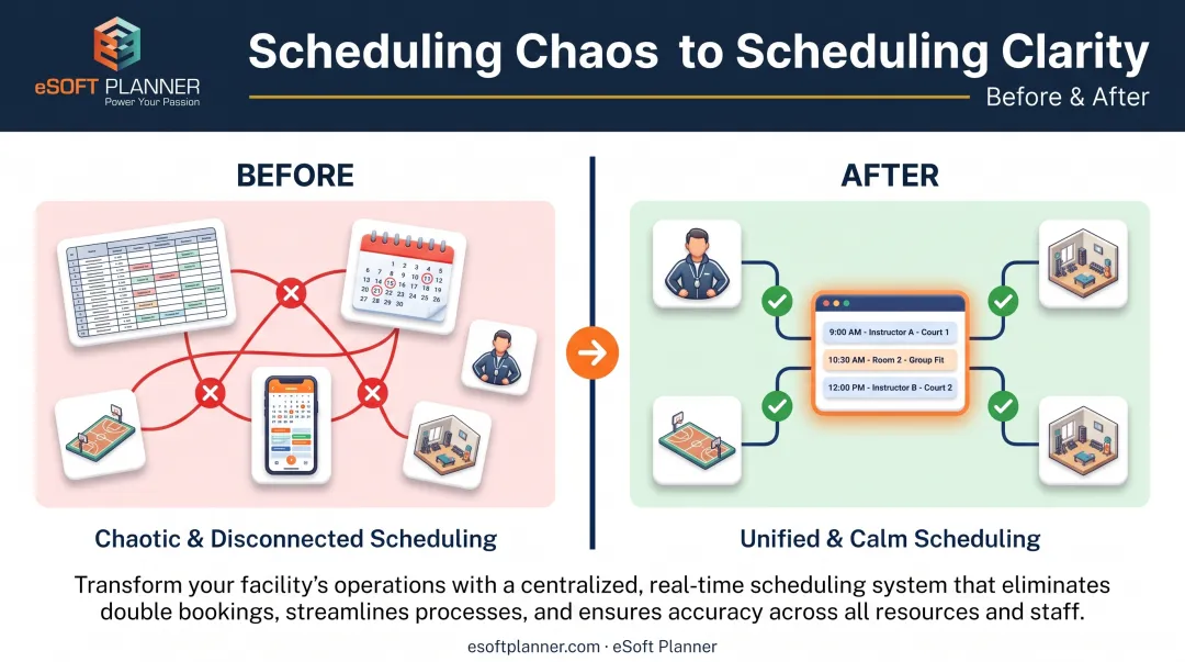 Real-time synced calendar preventing double bookings across facility resources