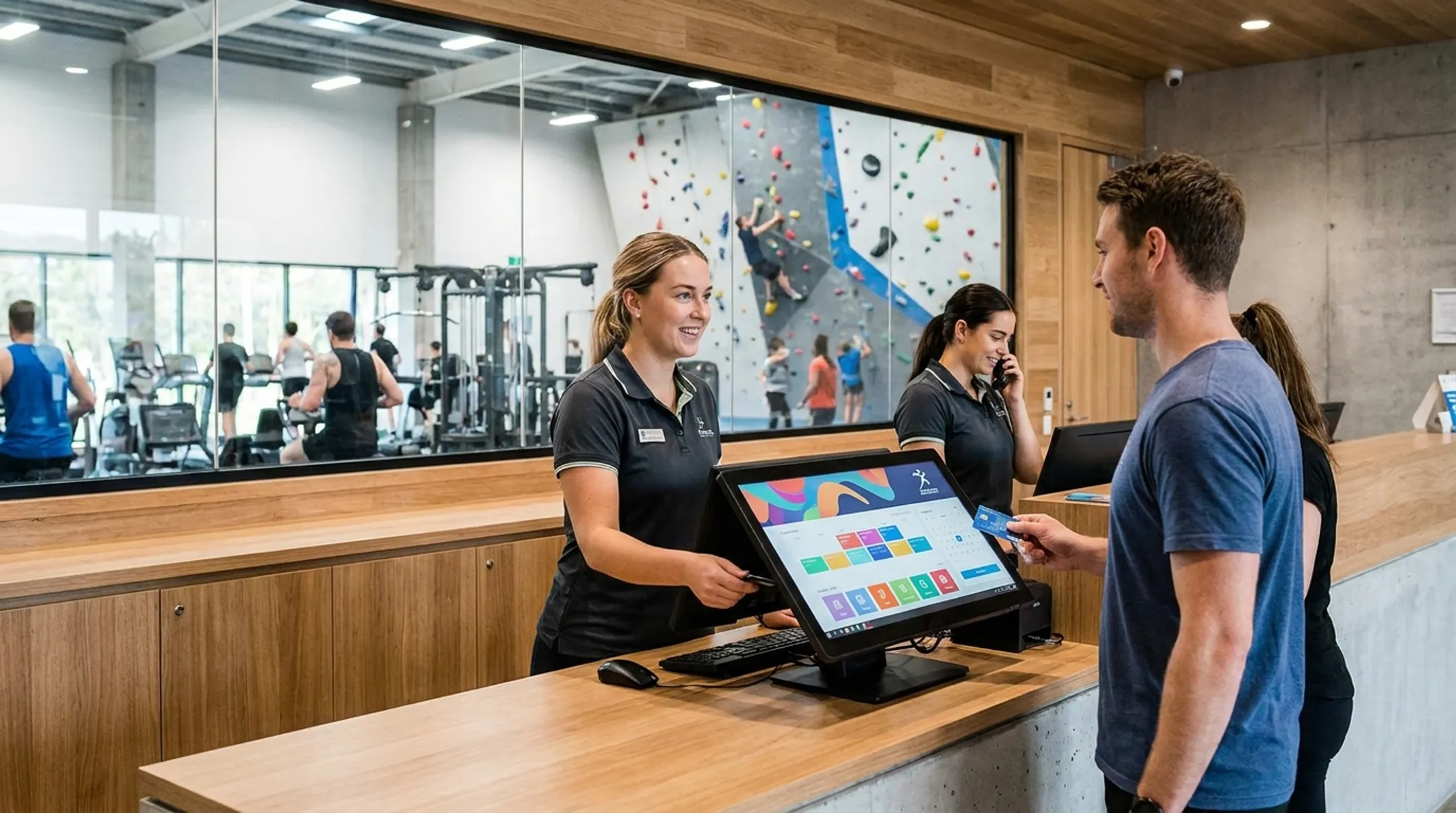 Sports facility front desk using integrated scheduling and POS software