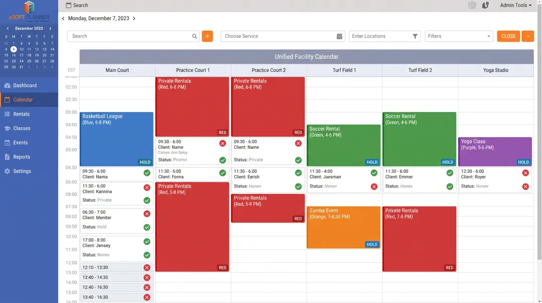 eSoft Planner scheduling software dashboard showing facility booking calendar
