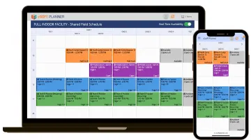 eSoft Planner facility scheduling dashboard showing shared field calendar and booking interface