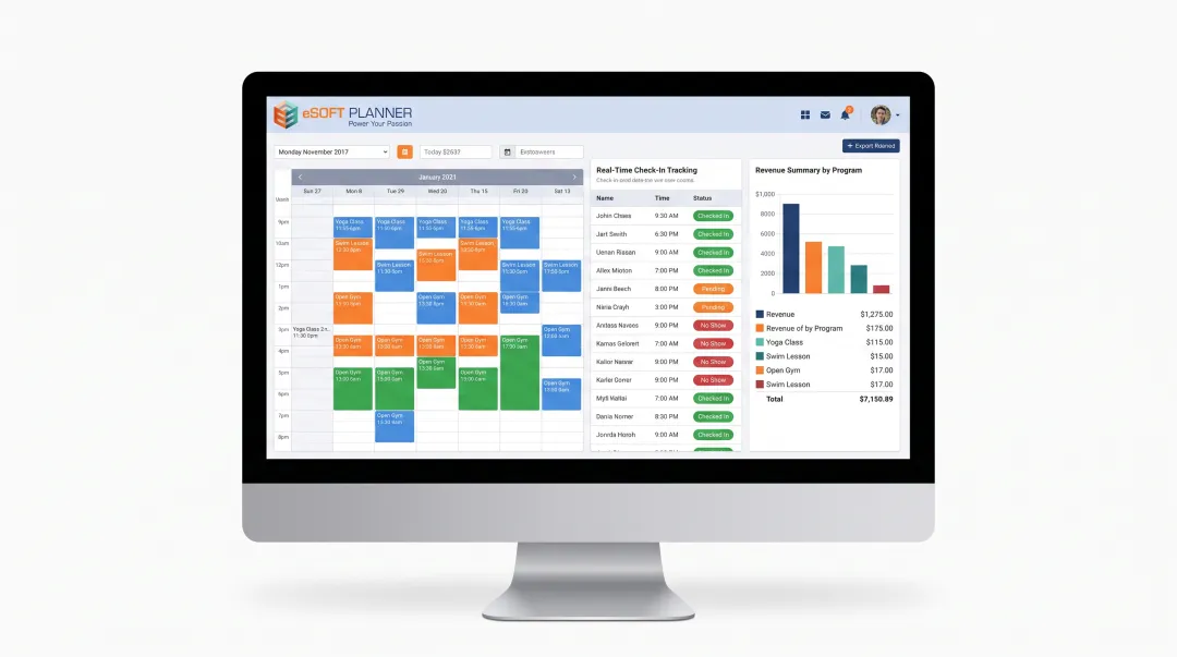 Facility management dashboard showing calendars occupancy and revenue snapshots