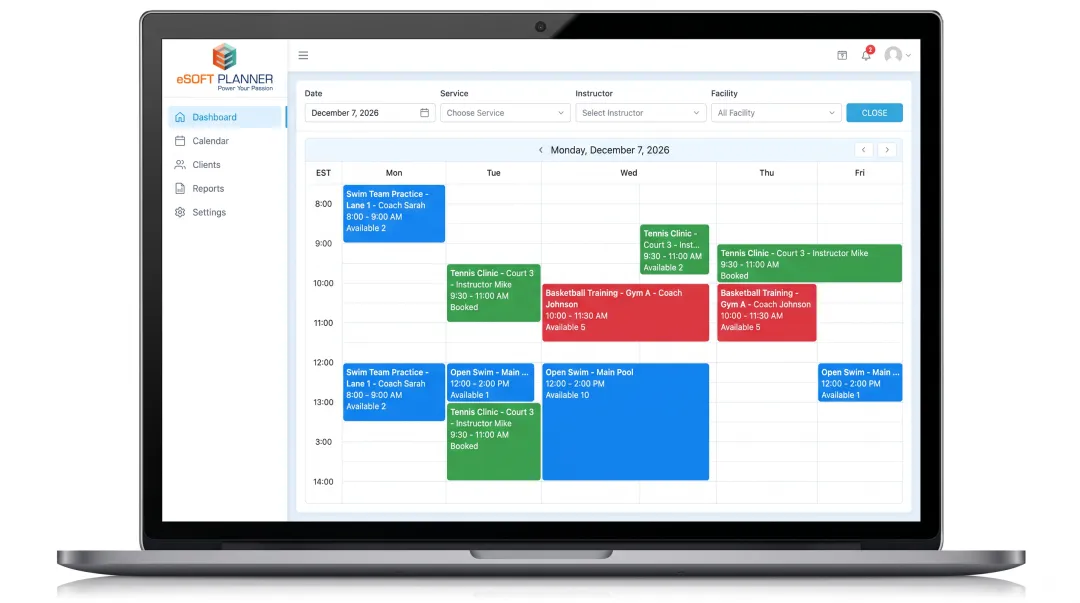 eSoft Planner dashboard showing real-time facility booking calendar