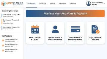 eSoft Planner customer self-service portal showing member booking and account management dashboard