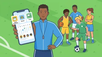 Youth sports league team using mobile scheduling and roster management app on sideline