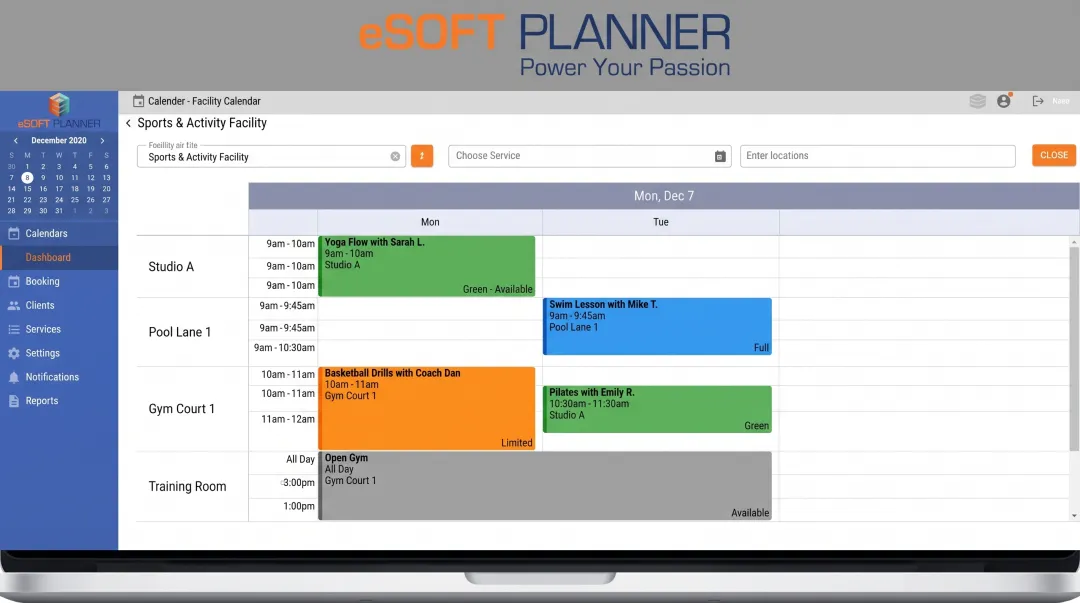 eSoft Planner software interface displaying class schedule and booking dashboard