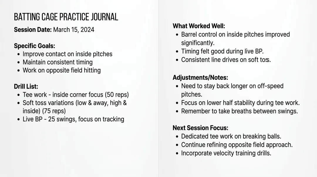 Baseball practice journal showing session notes with goals drills and performance metrics