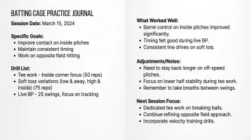 Baseball practice journal showing session notes with goals drills and performance metrics