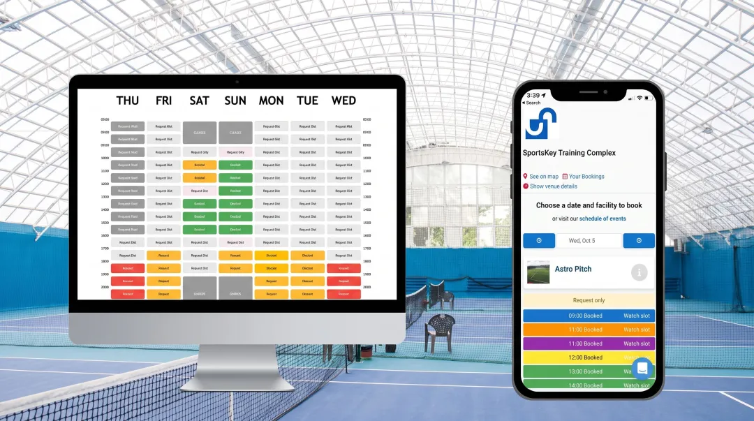 Modern sports facility management software interface on desktop and mobile devices simultaneously