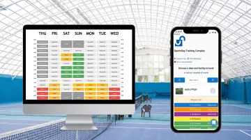 Modern sports facility management software interface on desktop and mobile devices simultaneously